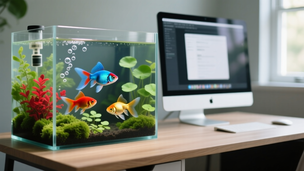 Colorful fancy guppies swimming in a 10-gallon planted aquarium positioned on a desk beside a computer monitor