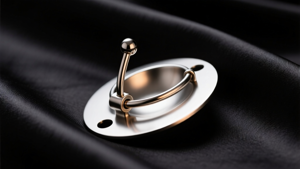 Titanium non pierced nipple shield on dark silk showing the tension mechanism and smooth edges under warm directional lighting