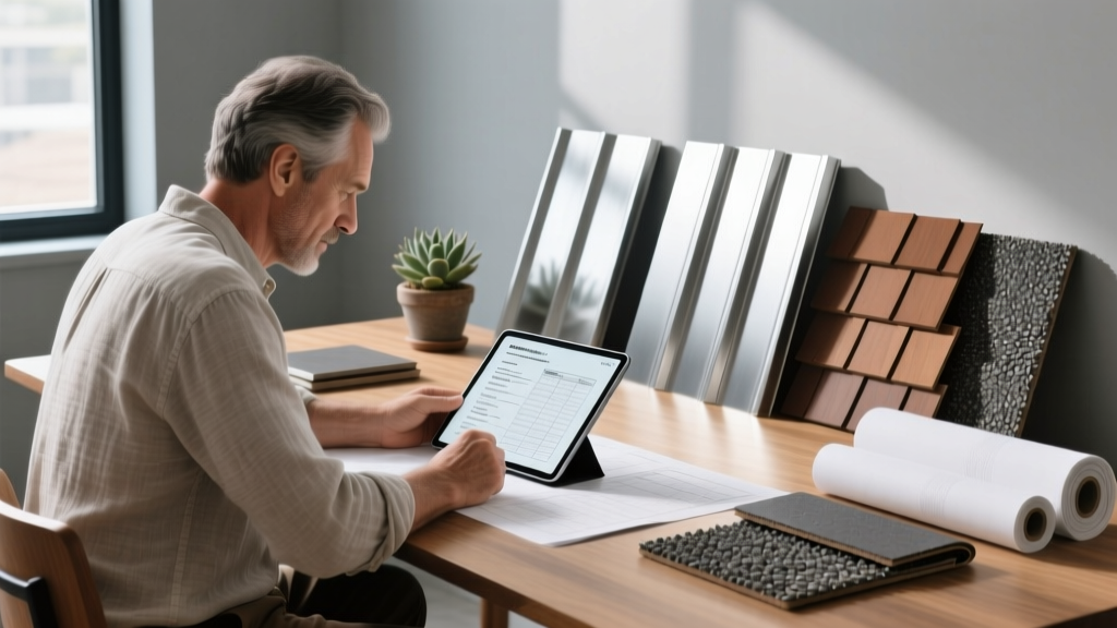 Architect reviewing a detailed roofing material list template spreadsheet next to samples of standing seam metal, synthetic underlayment, and asphalt shingles