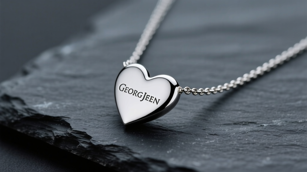 Close-up of a polished Georg Jensen sterling silver heart necklace resting on dark slate, reflecting soft studio lighting.