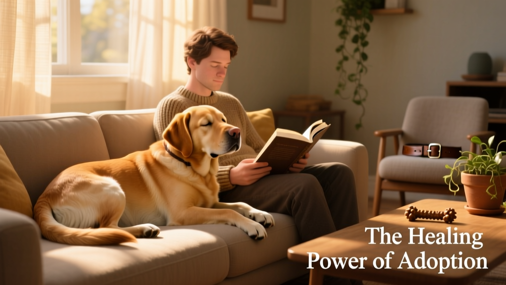 A golden-brown dog lying contentedly beside a person reading on the couch, tail gently curled, eyes half-closed in peaceful relaxation