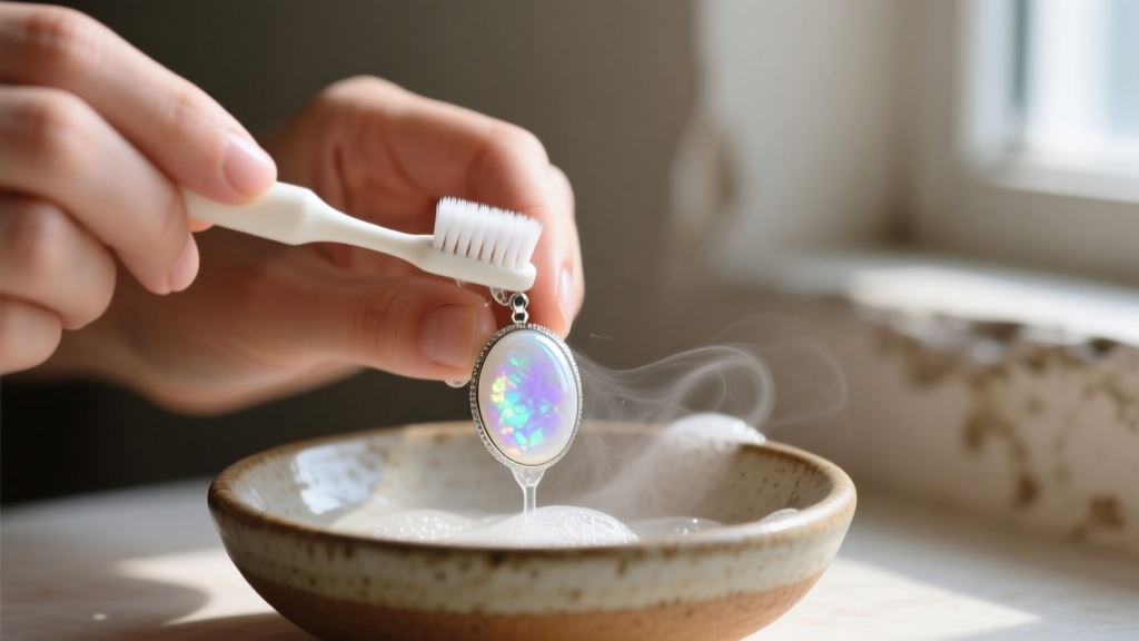 Hands gently brushing a solid white opal pendant with an extra-soft baby toothbrush and mild soapy water over a small ceramic bowl.