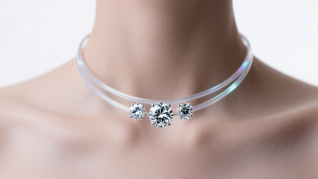Clear fluorocarbon wire illusion necklace with three floating round-cut diamonds resting on a collarbone, soft studio lighting