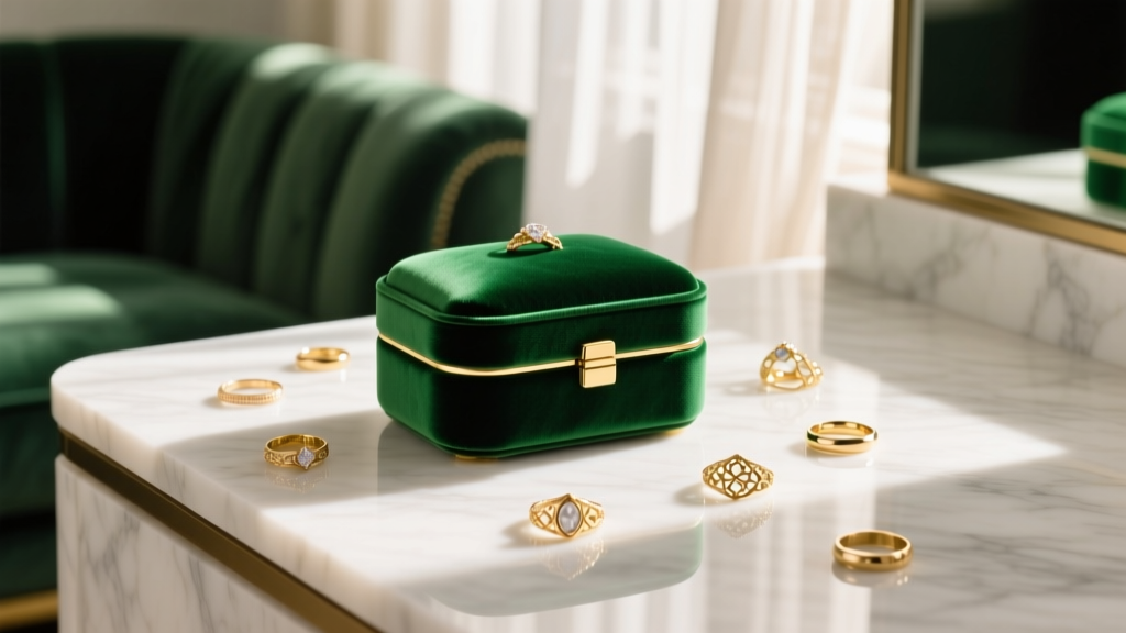 A lush emerald green velvet sofa jewelry box resting on a marble vanity, surrounded by scattered gold rings, bathed in warm morning sunlight
