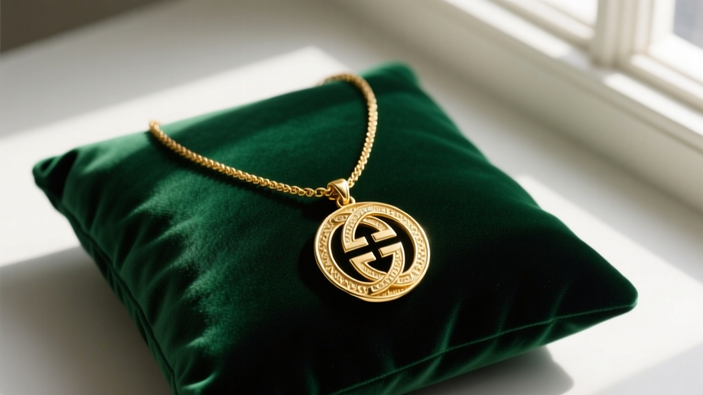 Vintage 1980s Givenchy gold-tone medallion necklace on emerald velvet, highlighting the interlocking G logo and textured metal.
