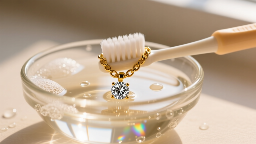 A soft-bristled baby toothbrush gently scrubbing a gold chain link and diamond pendant in a small glass bowl of warm soapy water