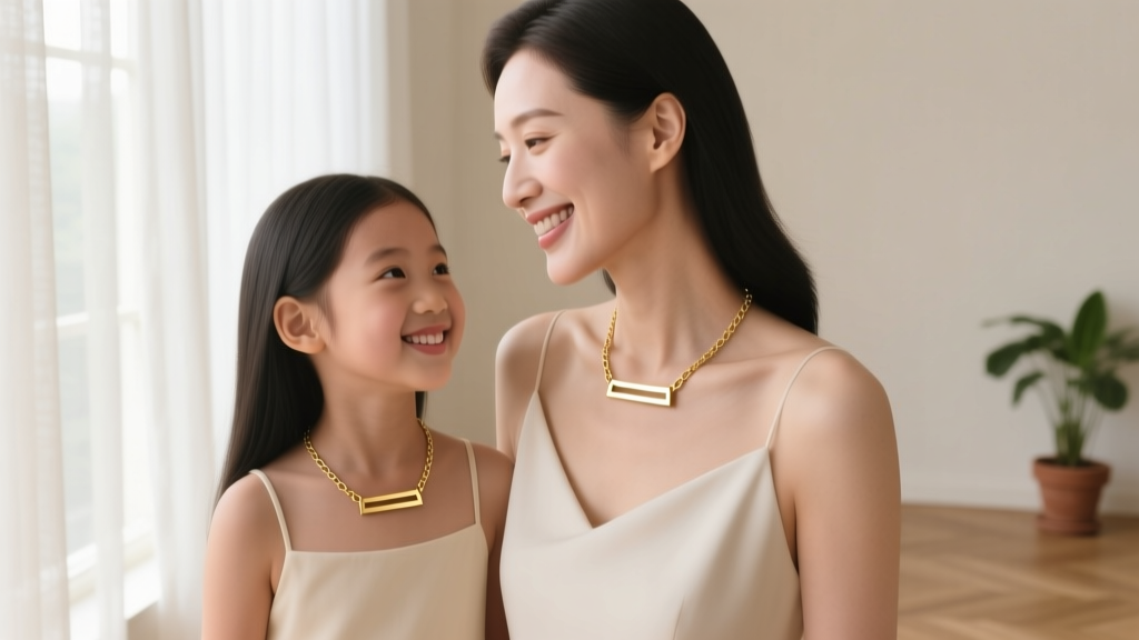 Mother and young daughter wearing delicate 14k solid gold matching minimalist bar necklaces, smiling in soft natural window light.