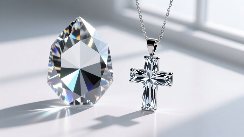 Macro photography comparing a foil-backed glass crystal and a faceted lab-grown CZ cross pendant, showing light refraction.