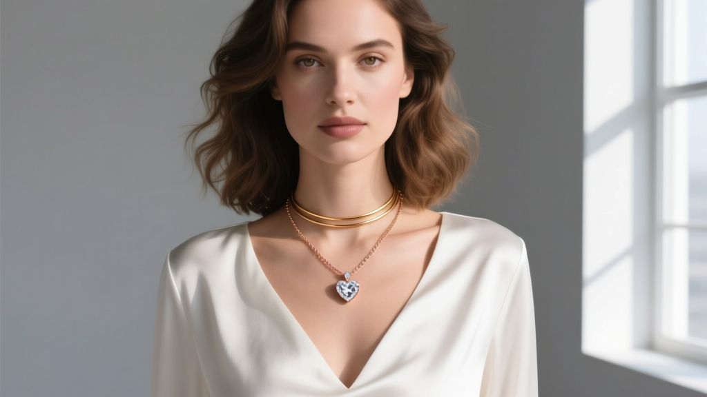 Woman wearing a rose gold chain with a bezel heart diamond pendant, layered with a simple gold choker over a crisp white silk top