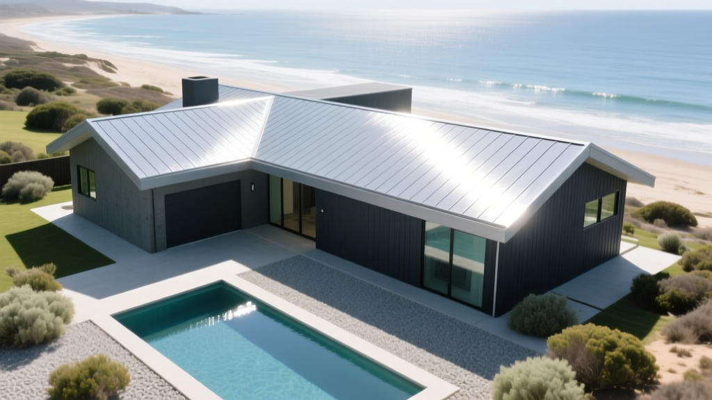 Aerial view of a modern coastal home featuring a light gray aluminum standing seam roof contrasting with dark fiber cement siding under bright sunny skies