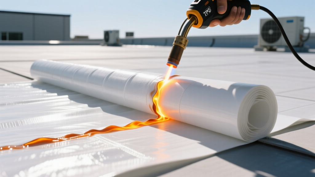 Close-up of white polyester-reinforced TPO roofing membrane being unrolled and heat-welded on a commercial flat roof under bright sunlight