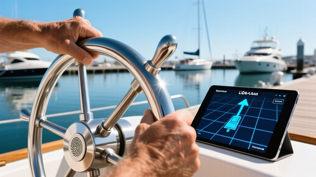 Hands gripping a stainless boat wheel next to a marine tablet showing a LiDAR-assisted automated docking overlay in bright sunlight