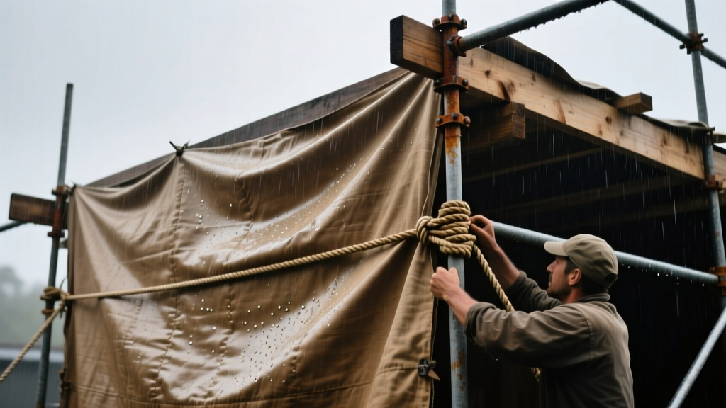 Heavy-duty waxed cotton canvas tarpaulin being stretched and secured over a timber-framed construction scaffolding enclosure on a rainy day