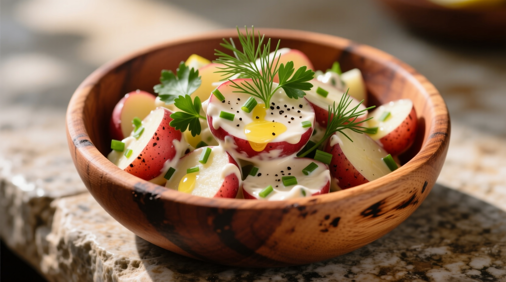 Creamy red potato salad with fresh herbs in wooden bowl