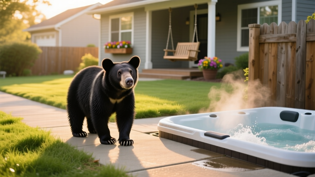 Small black bear standing calmly on pavement near grass, looking curious but relaxed
