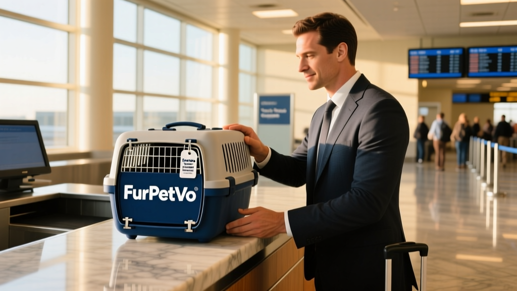A traveler checking in a pet carrier at an airport counter with a FurPetVo branded luggage tag