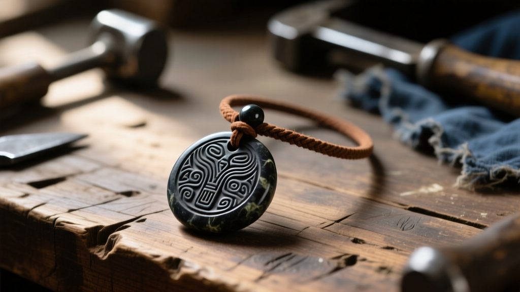 Close-up of a rustic 1899 dark stone pendant necklace on a weathered leather cord, resting on a vintage wooden workbench