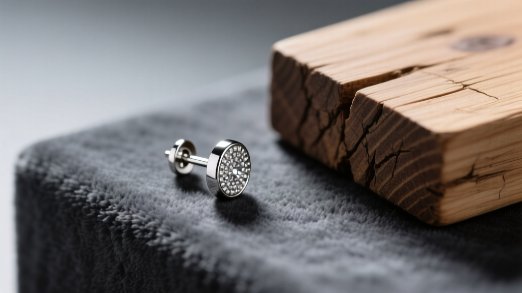 Macro shot of a silver earring post on dark grey anti-tarnish velvet next to a scratched raw wood display block