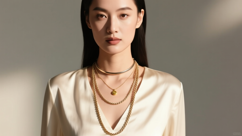Woman wearing layered necklaces: a 16-inch choker, an 18-inch pendant chain, and a 22-inch rope chain over a cream silk blouse