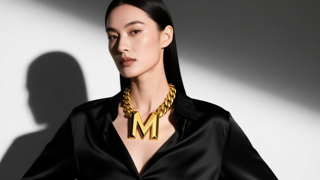 Model wearing a chunky 18k yellow gold large initial necklace letter M over a black silk blouse, editorial fashion lighting