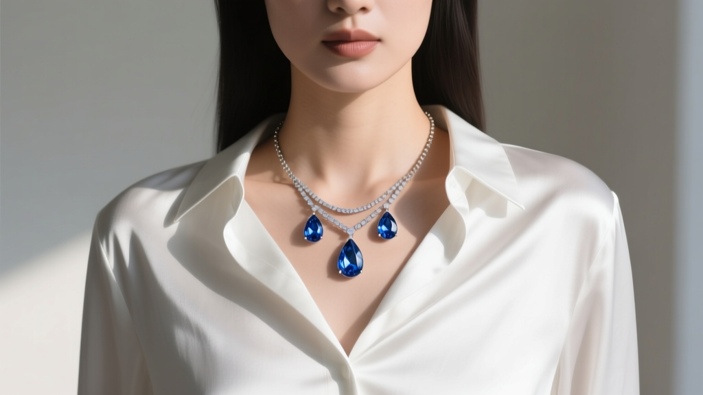 Woman wearing a multi-drop illusion magic necklace with three spaced sapphire drops over a crisp white silk button-down shirt.