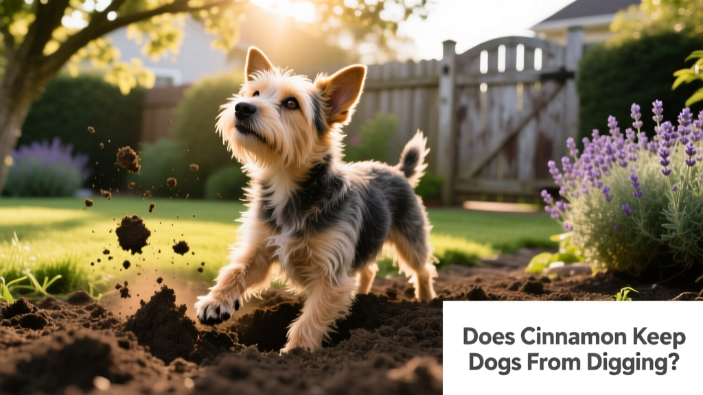 A dog mid-dig in a backyard garden, paws in loose soil