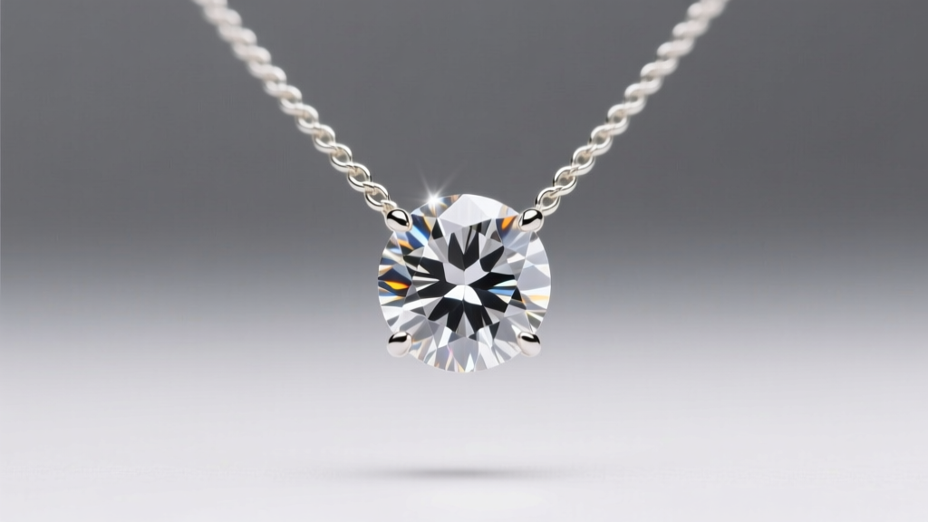 Close-up of a 1-carat round brilliant diamond floating on a delicate 0.5mm white gold chain against a soft gray studio backdrop.