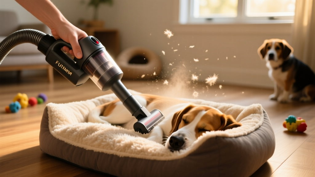 Hand holding a vacuum cleaner nozzle over a plush dog bed while vacuuming
