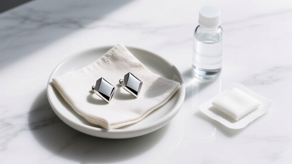 Top-down view of sterile saline and gauze next to a ceramic dish holding titanium earrings on a clean white marble surface.