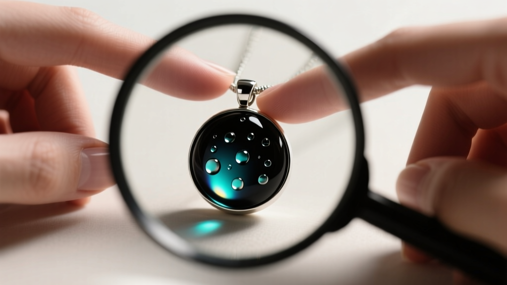 Hands examining a mood pendant with a magnifying glass, showing water droplets trapped inside the dark glass cabochon surface.