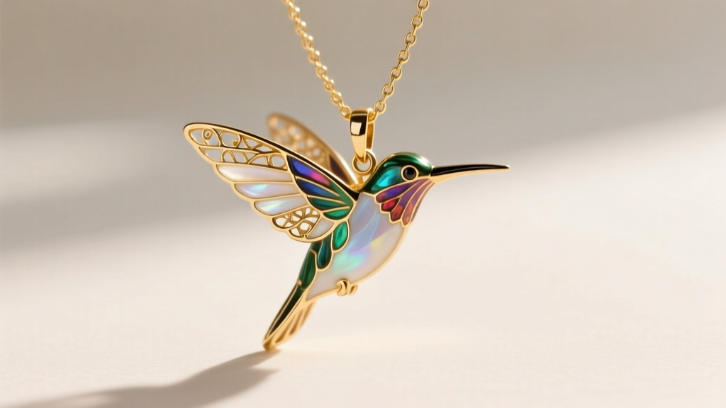 A plique-a-jour enamel hummingbird pendant on a gold chain, backlit by the sun to reveal its translucent glass wings.