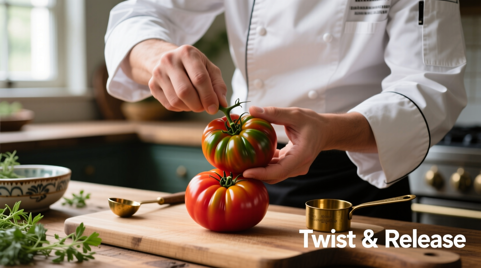 Chef demonstrating proper tomato twisting technique with heirloom tomatoes