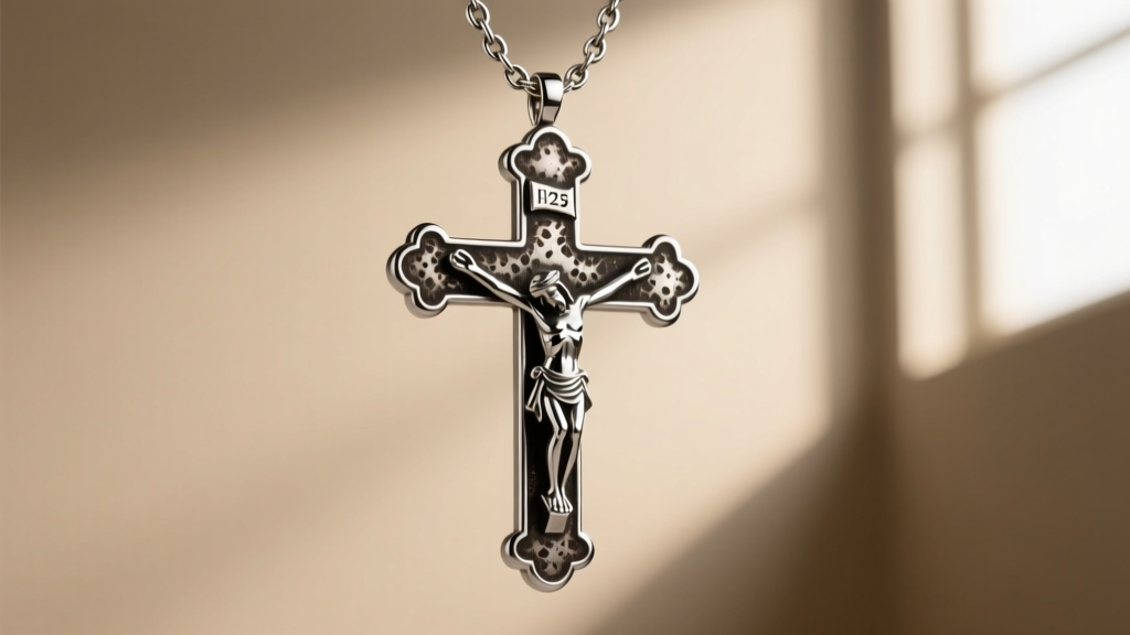 Oxidized 925 silver crucifix with darkened details, hanging from an Italian Figaro chain against a soft neutral backdrop.