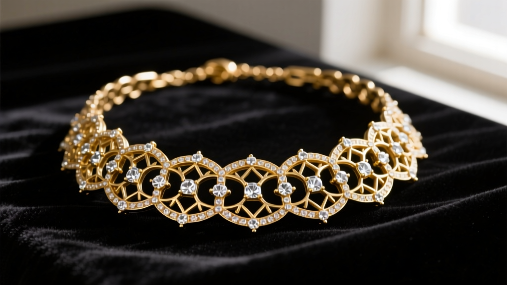 Close-up of a vintage 1960s Cadoro gold-tone necklace with intricate filigree metalwork and clear rhinestones on dark velvet.