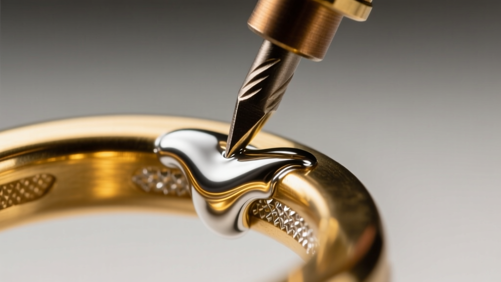 Macro of a 100W soldering iron tip on a brass ring, with silver-bearing solder flowing into the joint under warm studio lighting
