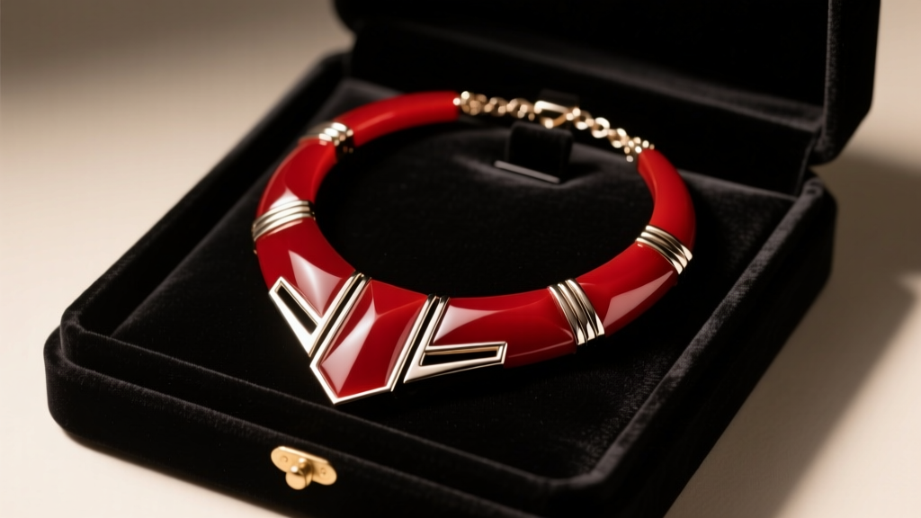 Carved cherry red bakelite necklace with Art Deco chrome accents resting on a dark velvet gift box under warm studio lighting.