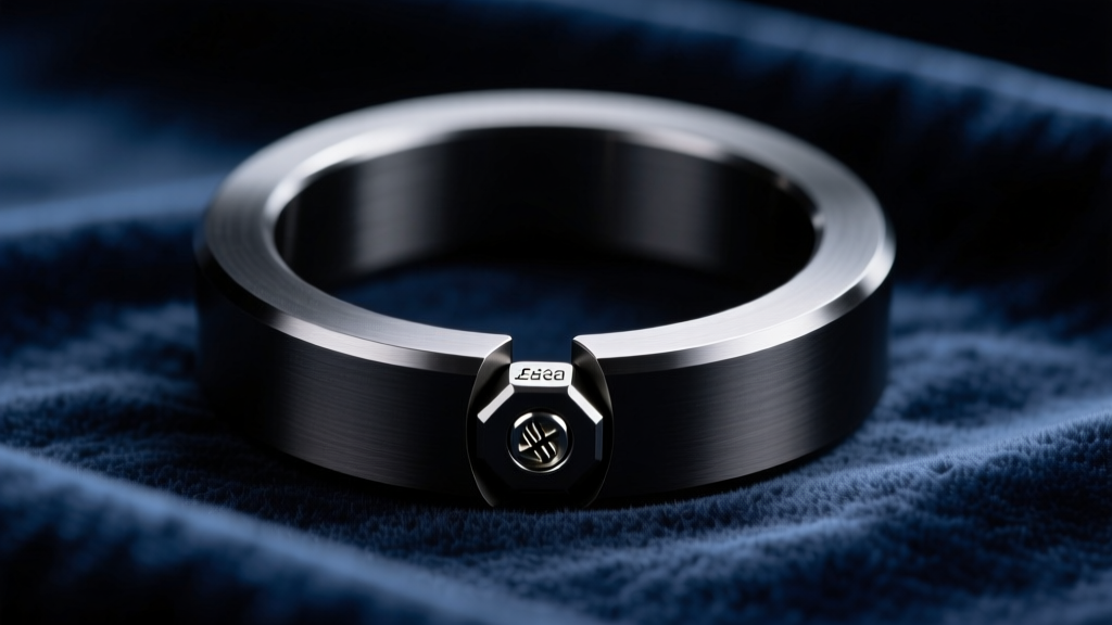 Close-up of a matte black titanium O-ring collar on dark velvet, highlighting seamless welding and a hex-screw closure mechanism