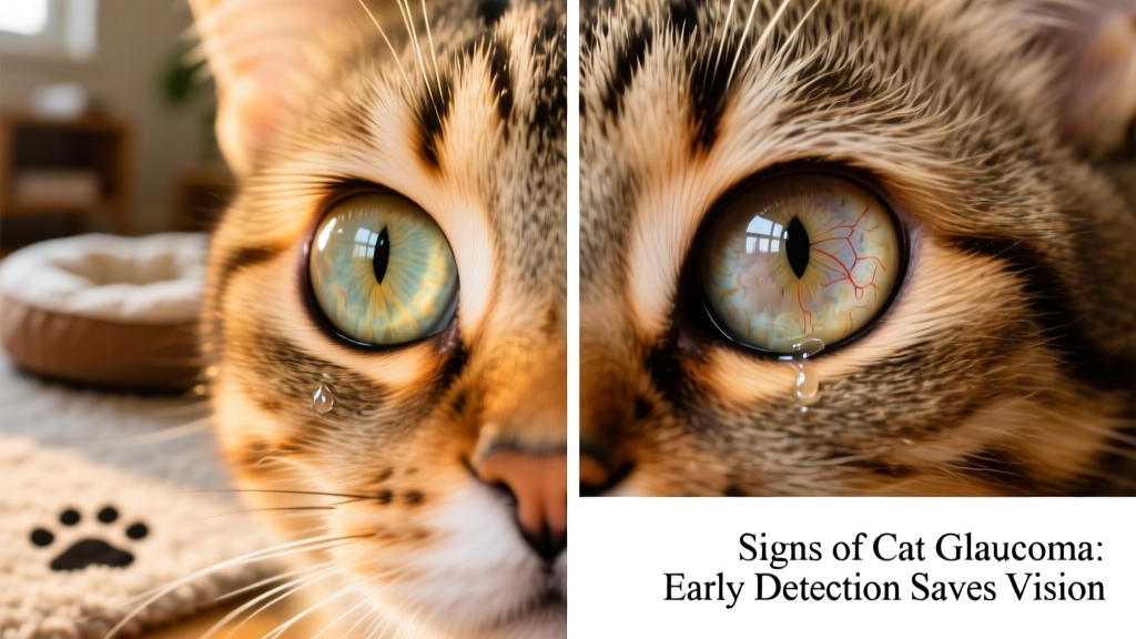 Side-by-side comparison showing healthy feline eye anatomy versus eye affected by glaucoma