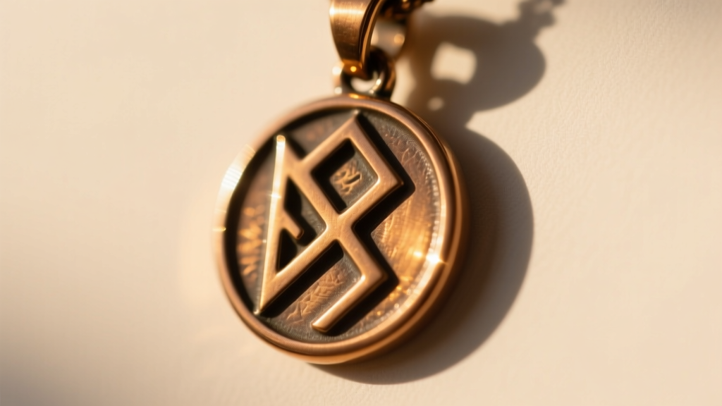 Close-up of a polished bronze Freyja pendant engraved with the Fehu rune, lit by warm sunlight against a soft, neutral background
