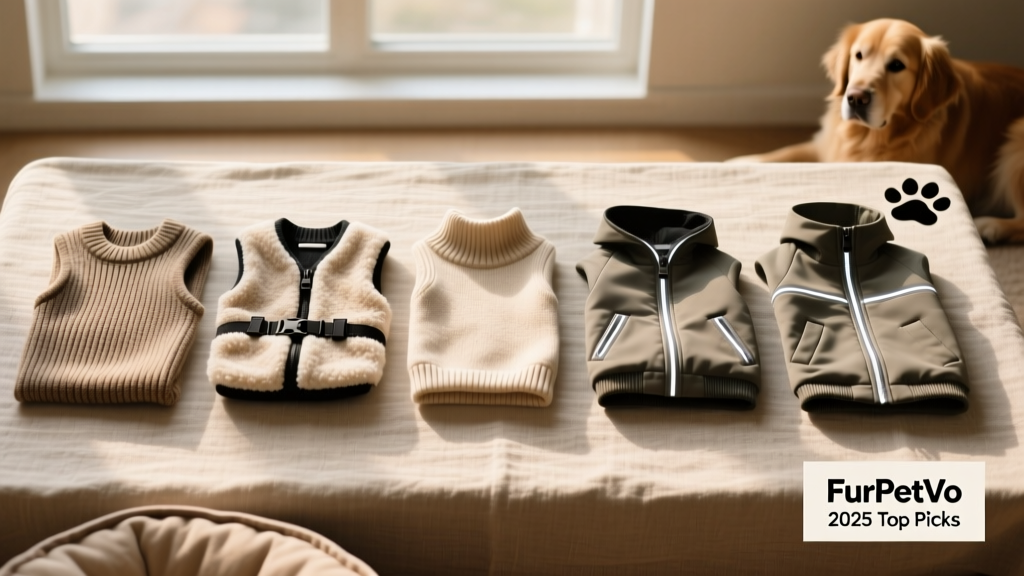 Side-by-side comparison of five FurPetVo sweaters laid flat: rib knit, fleece vest, merino pullover, rain sweater, and senior support style