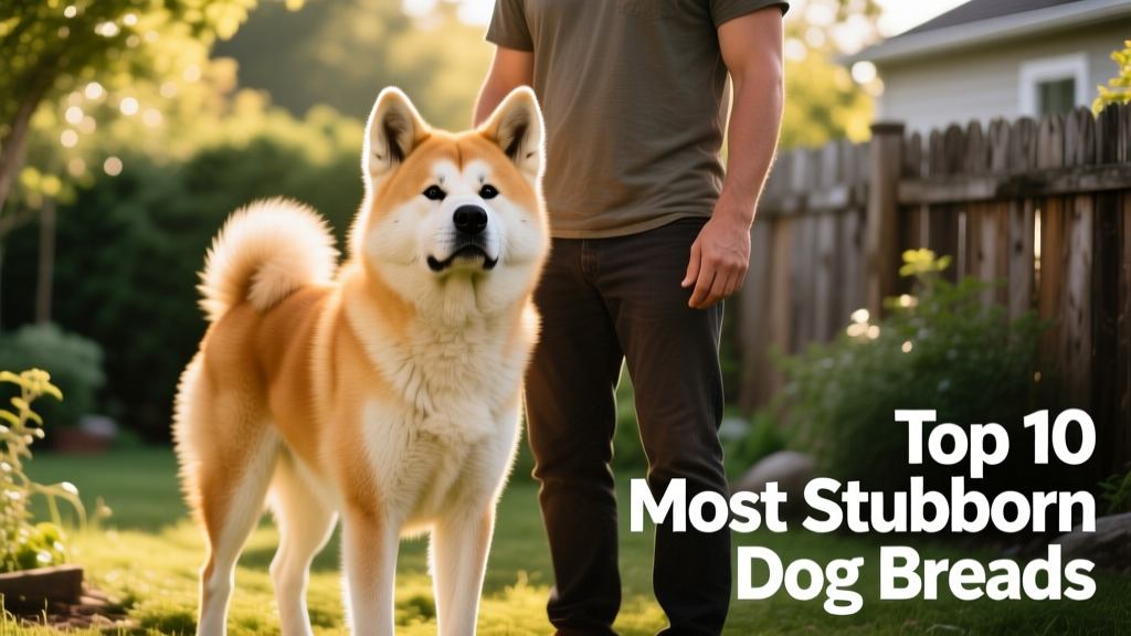 An Akita standing alert and calm beside its owner, ears forward and gaze steady