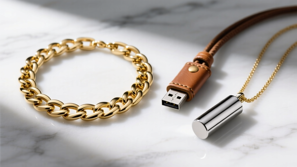 Flat lay of three different USB necklaces: a gold PVD Cuban link, a leather cord drive, and a minimalist steel capsule on marble