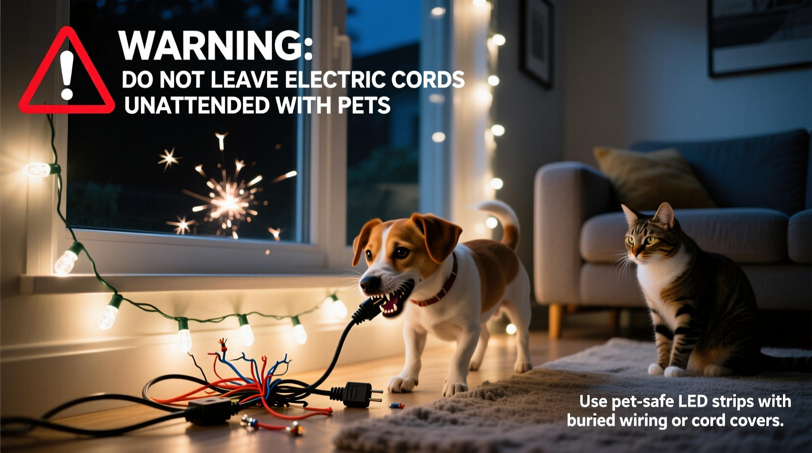 is it safe to leave programmable led icicle lights on overnight with pets who chew cords