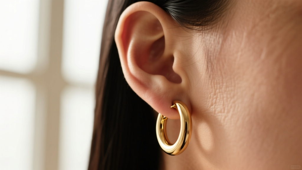 Close-up of an earlobe wearing a heavy 80mm hoop, illustrating the downward torque and slight stretching of the fistula tissue.