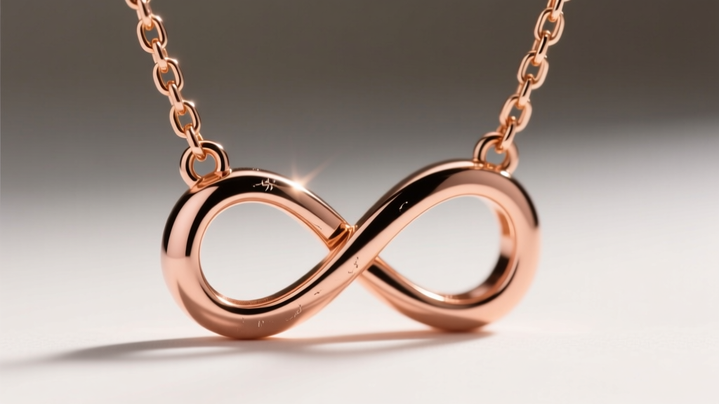 Close-up of a rose gold box chain through a bail on an infinity pendant, highlighting a secure, laser-welded jump ring connection