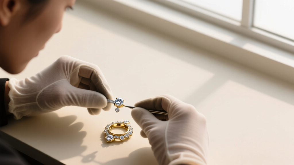 Overhead shot of a jeweler's bench displaying silicone cameo molds, 28-gauge silver bezel wire, and dark patina in jars