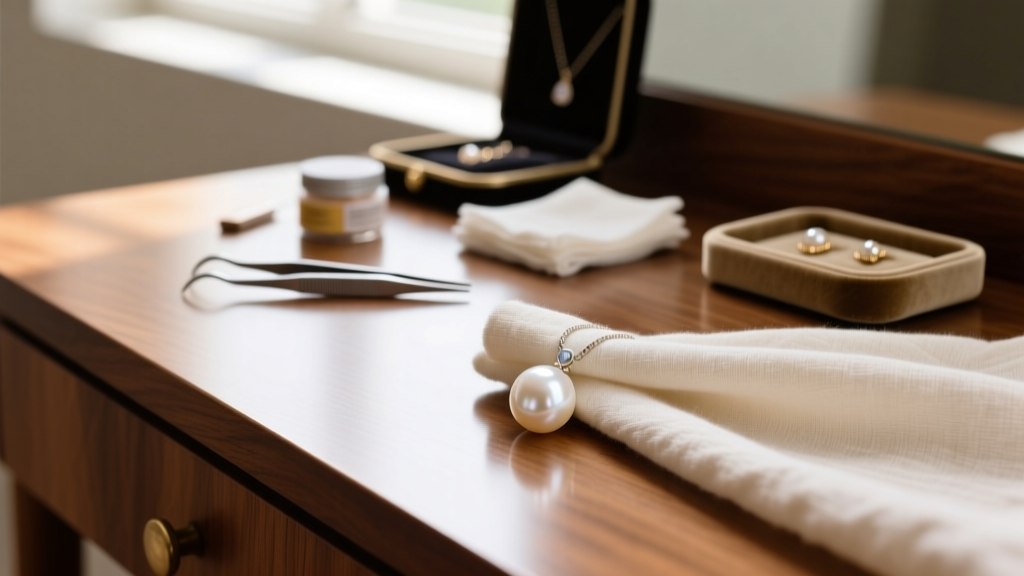Soft cloth wiping a white pearl pendant, with a jewelry polishing kit visible in the blurred background of a wooden vanity table.