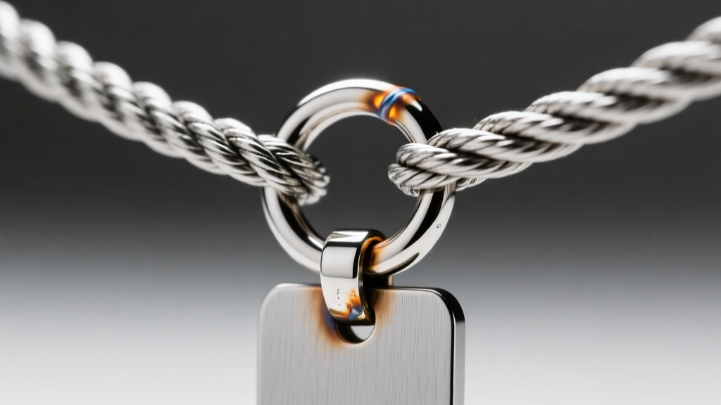 Macro shot of a soldered jump ring connecting a thick stainless steel rope chain to a brushed finish mens nameplate pendant
