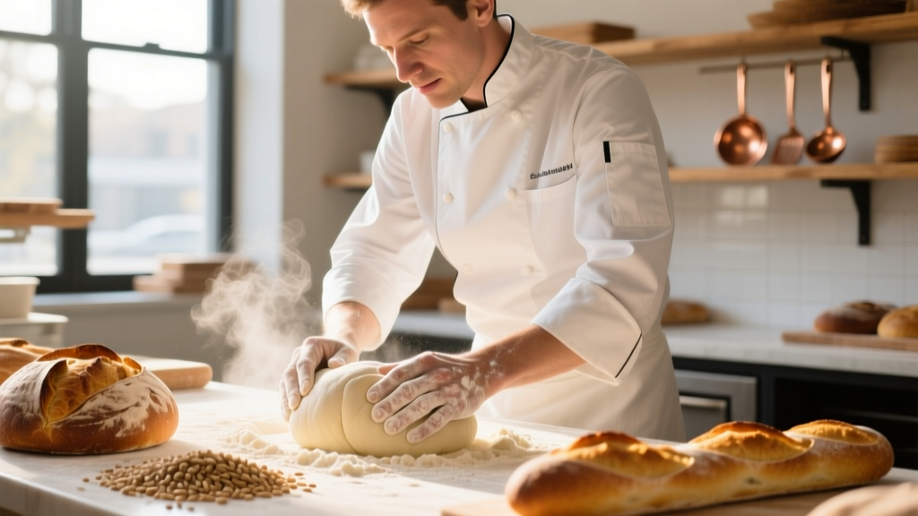 Baker's hands using a copper mixing bowl and digital infrared thermometer to check the temperature of a freshly whipped Swiss meringue