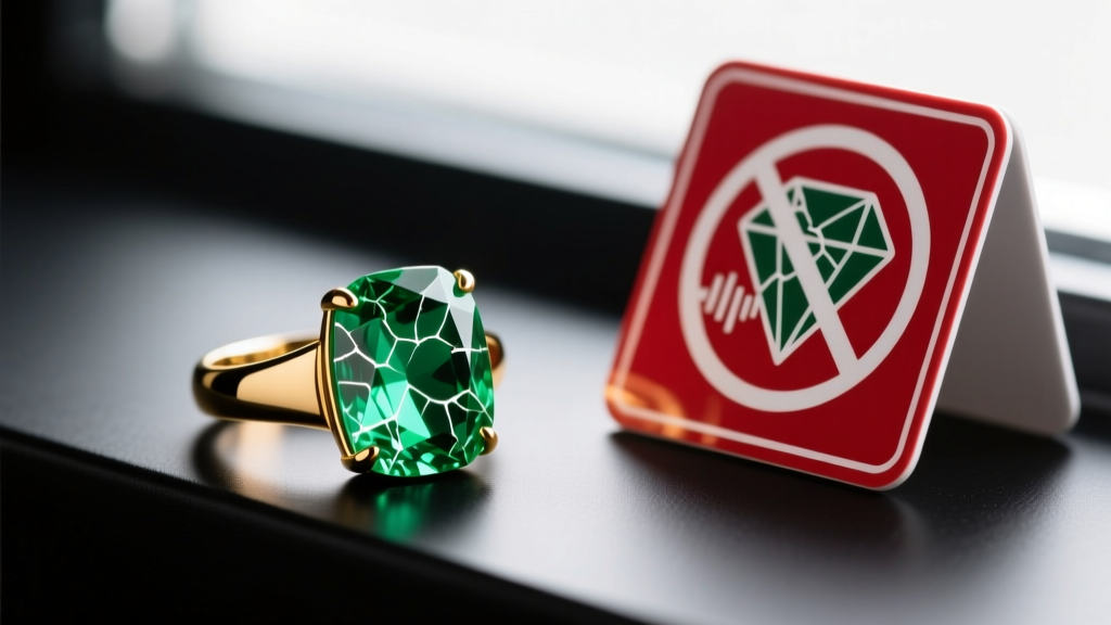 Macro shot of an emerald ring with visible internal fractures, next to a red warning sign illustrating unsafe ultrasonic cleaning.